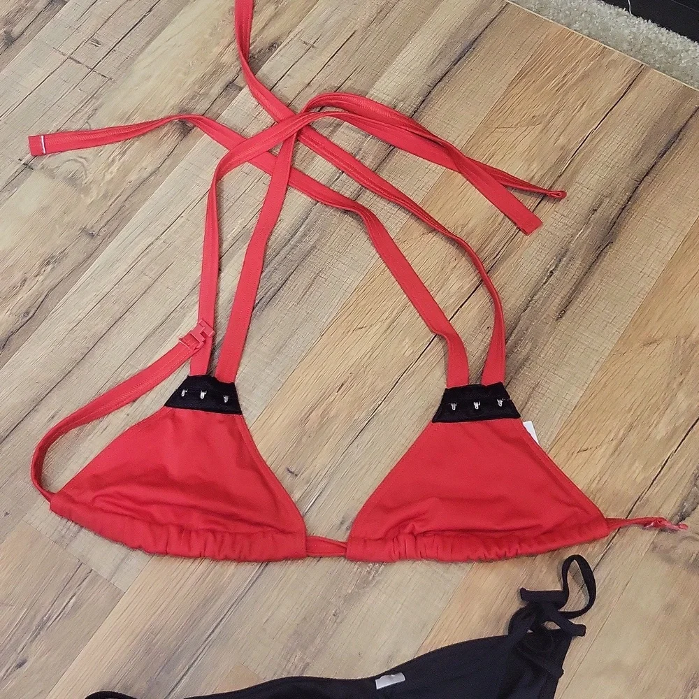 ASOS Black Red Strappy Hook & Eye Triangle Bikini Top & Back Seam String Bottom - Picture 3 of 14